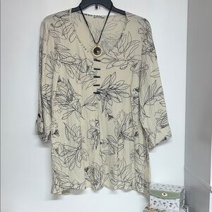 The Limited Size 3X Cream and Black Leaf Print Blouse & Fashion Necklace Include